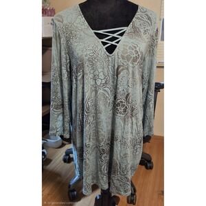City Of Angel Womens Aqua  Floral Tunic Top Shirt Lace Up Front 3/4 Sleeves
